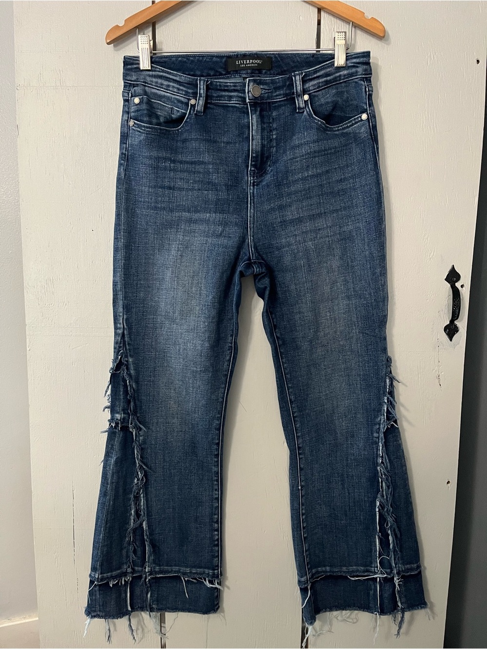 Liverpool Hannah Dark Blue Frayed Flare Jeans Size 6/28